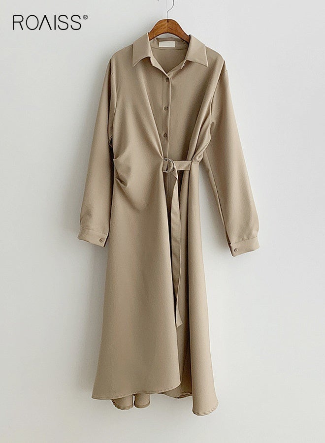 رويس فستان ميدي ملفوف بخصر عالٍ للنساء، فستان أنيق بأكمام طويلة وياقة قميص مع حزام، فستان معطف بسيط بتصميم A-Line يبرز جمال القوام مع تصميم يحدد الخصر، زي أنيق مناسب للخريف للعمل والمواعيد الرسمية، لون بيج سادة - Image 5